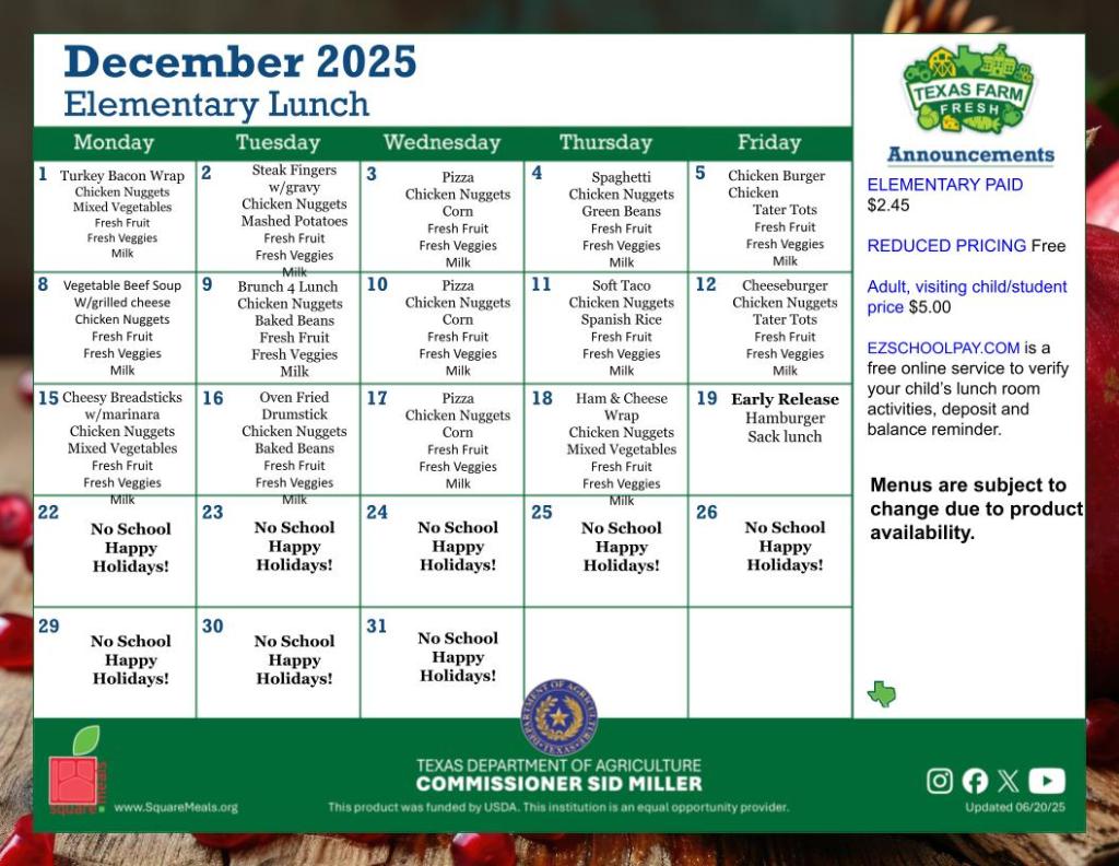 graphic of elementary Lunch menu